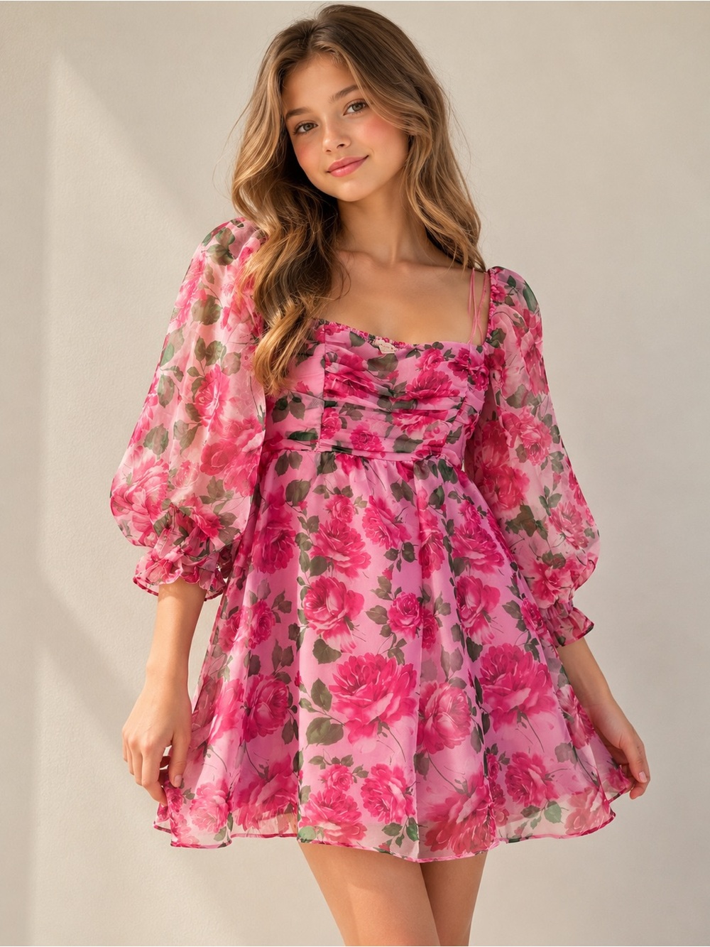 NWT Allison + Kelly Pink Rose Floral Chiffon Puff Sleeve Mini Dress Girls 14